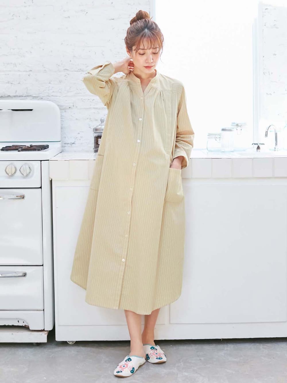 マタニティ パジャマ・ルームウェア|【授乳口付】コットンストライプネグリジェ|ベージュ