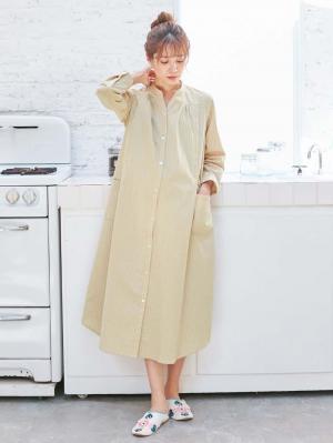 マタニティ パジャマ・ルームウェア|【授乳口付】コットンストライプネグリジェ|ベージュ