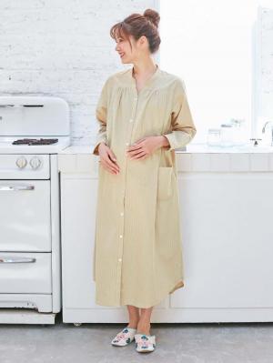 マタニティ パジャマ・ルームウェア|【授乳口付】コットンストライプネグリジェ|ベージュ