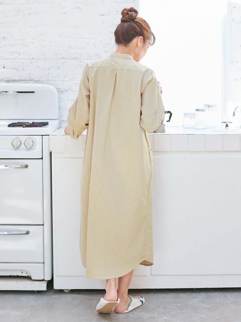 マタニティ パジャマ・ルームウェア|【授乳口付】コットンストライプネグリジェ|ベージュ