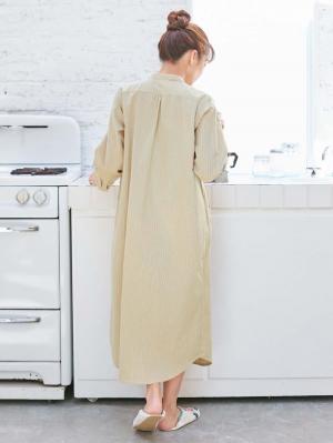 マタニティ パジャマ・ルームウェア|【授乳口付】コットンストライプネグリジェ|ベージュ