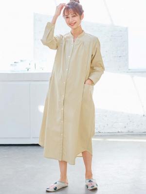 マタニティ パジャマ・ルームウェア|【授乳口付】コットンストライプネグリジェ|ベージュ