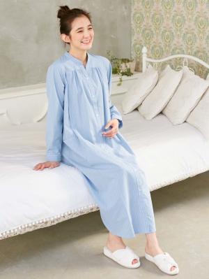 マタニティ パジャマ・ルームウェア|【授乳口付】コットンストライプネグリジェ|ブルー