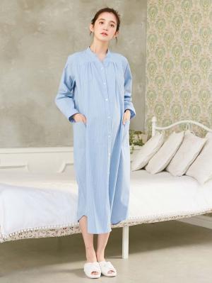 マタニティ パジャマ・ルームウェア|【授乳口付】コットンストライプネグリジェ|ブルー