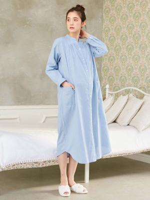 マタニティ パジャマ・ルームウェア|【授乳口付】コットンストライプネグリジェ|ブルー