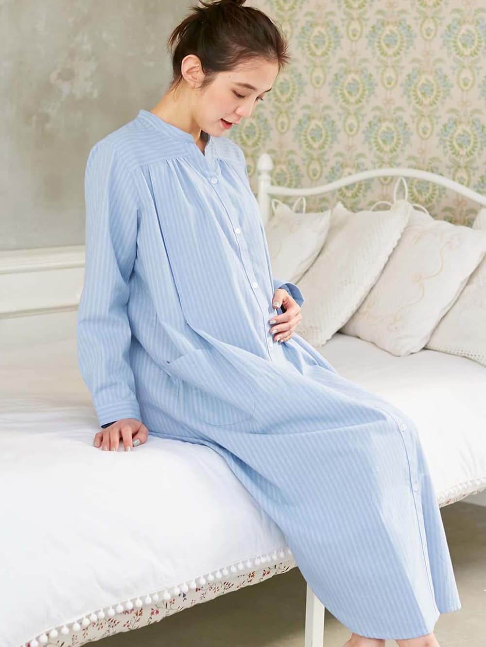 マタニティ パジャマ・ルームウェア|【授乳口付】コットンストライプネグリジェ|ブルー