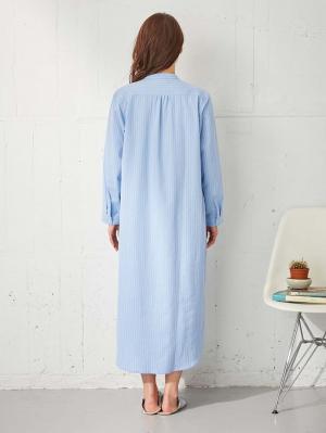 マタニティ パジャマ・ルームウェア|【授乳口付】コットンストライプネグリジェ|ブルー