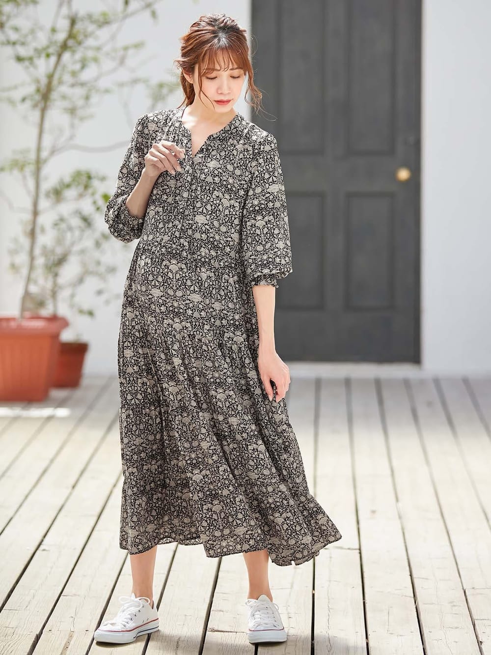 マタニティ ワンピース 授乳しやすい プリントティアードマキシワンピース マタニティウェア 授乳服通販 エンジェリーベ 公式