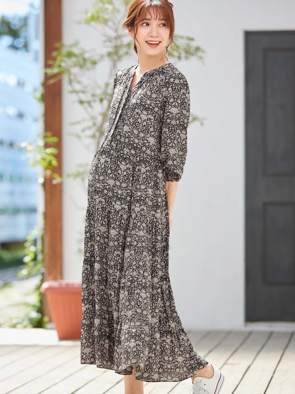 マタニティ ワンピース 授乳しやすい プリントティアードマキシワンピース マタニティウェア 授乳服通販 エンジェリーベ 公式