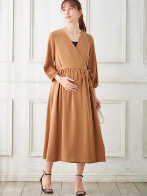 マタニティ ワンピース|カシュクール2WAYロングワンピース マタニティ・授乳服【出産後も長く使える】|ベージュ