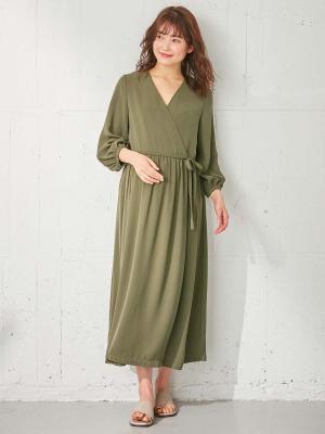 マタニティ ワンピース|カシュクール2WAYロングワンピース マタニティ・授乳服【出産後も長く使える】|カーキ
