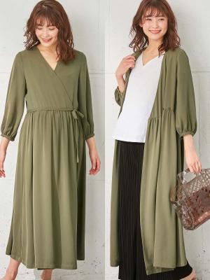 マタニティ ワンピース|カシュクール2WAYロングワンピース マタニティ・授乳服【出産後も長く使える】|カーキ