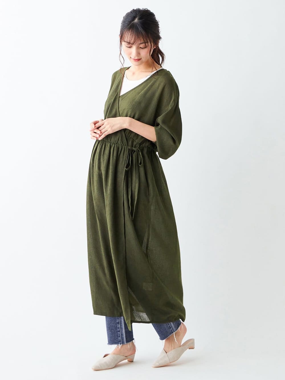 マタニティ ワンピース|2WAYワッシャーガーゼカシュクールワンピース　マタニティ・授乳服【出産後も長く使える】|カーキ