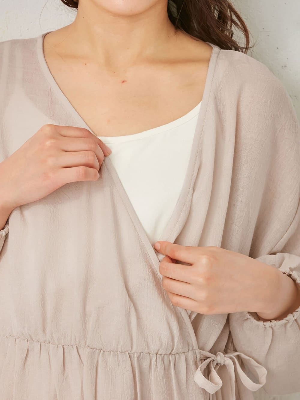 マタニティ ワンピース|2WAYワッシャーガーゼカシュクールワンピース　マタニティ・授乳服【出産後も長く使える】