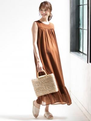 マタニティ ワンピース|ワッシャーガーゼ裾ティアードワンピース マタニティ・授乳服【出産後も長く使える】|ブラウン