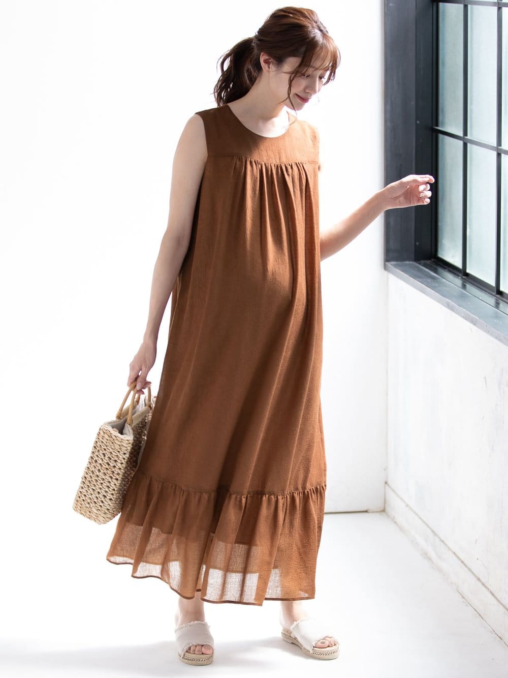 マタニティ ワンピース|ワッシャーガーゼ裾ティアードワンピース マタニティ・授乳服【出産後も長く使える】|ブラウン