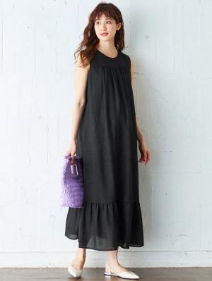 マタニティ ワンピース|ワッシャーガーゼ裾ティアードワンピース マタニティ・授乳服【出産後も長く使える】|ブラック