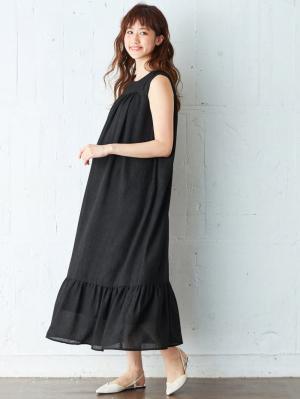 マタニティ ワンピース|ワッシャーガーゼ裾ティアードワンピース マタニティ・授乳服【出産後も長く使える】|ブラック