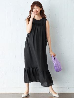 マタニティ ワンピース|ワッシャーガーゼ裾ティアードワンピース マタニティ・授乳服【出産後も長く使える】|ブラック