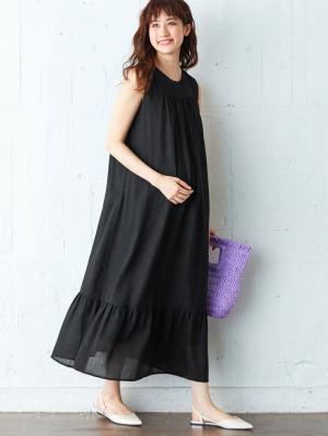 マタニティ ワンピース|ワッシャーガーゼ裾ティアードワンピース マタニティ・授乳服【出産後も長く使える】|ブラック