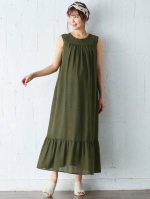 マタニティ ワンピース|ワッシャーガーゼ裾ティアードワンピース マタニティ・授乳服【出産後も長く使える】|カーキ