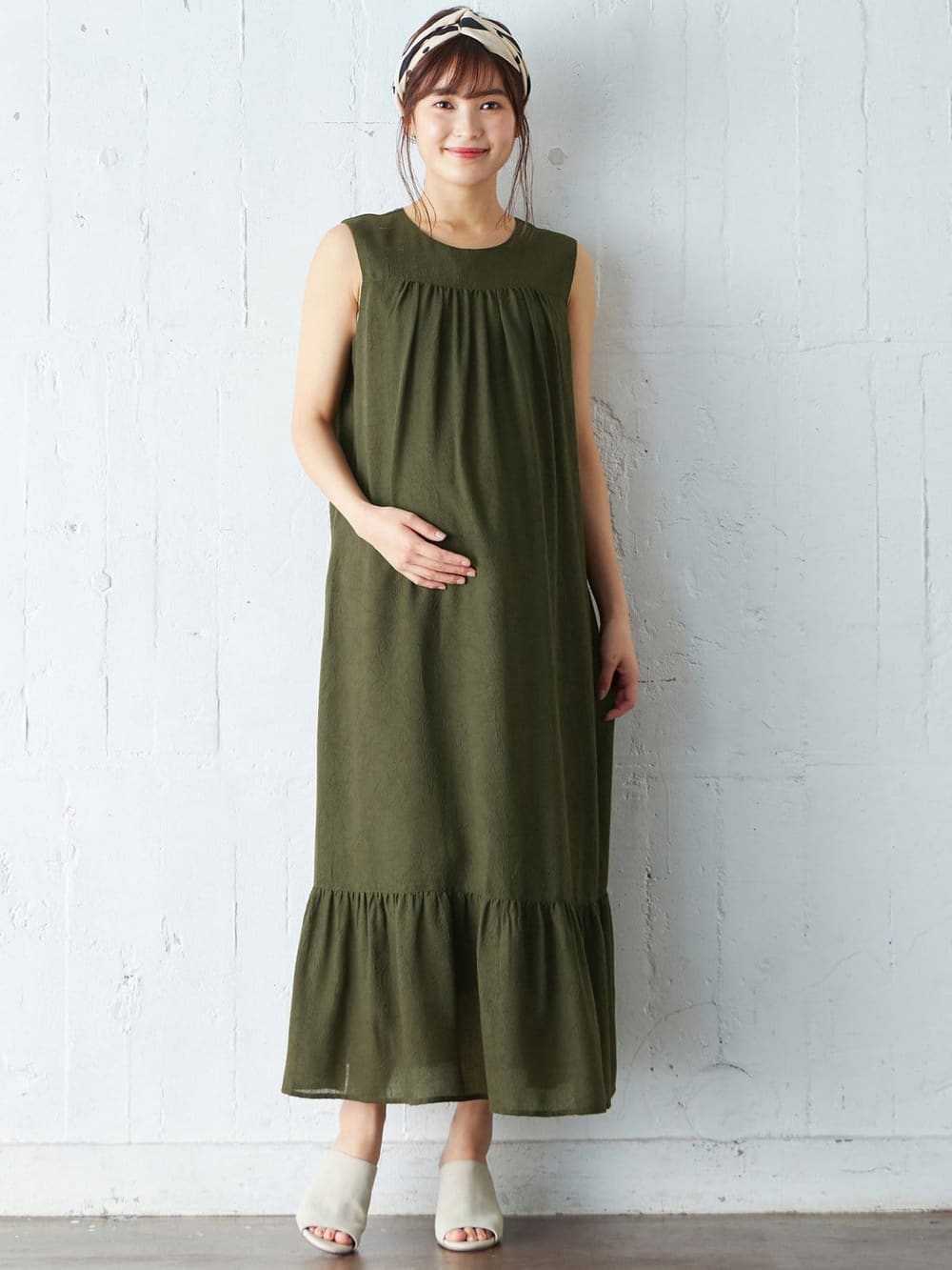 マタニティ ワンピース|ワッシャーガーゼ裾ティアードワンピース マタニティ・授乳服【出産後も長く使える】|カーキ