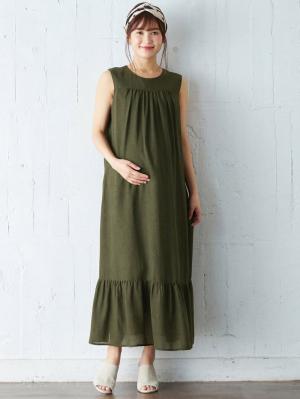 マタニティ ワンピース|ワッシャーガーゼ裾ティアードワンピース マタニティ・授乳服【出産後も長く使える】|カーキ