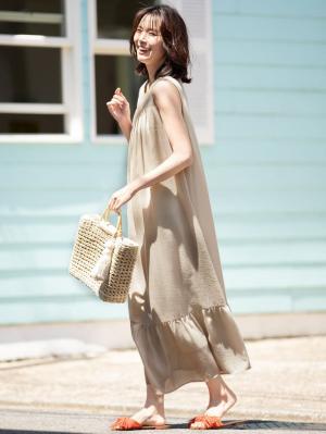 マタニティ ワンピース|ワッシャーガーゼ裾ティアードワンピース マタニティ・授乳服【出産後も長く使える】|ベージュ