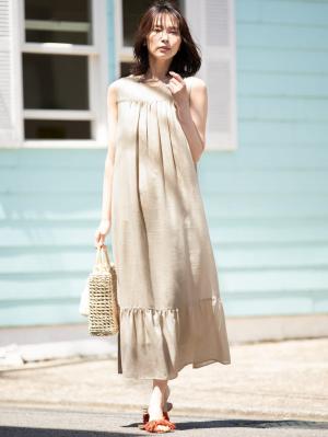 マタニティ ワンピース|ワッシャーガーゼ裾ティアードワンピース マタニティ・授乳服【出産後も長く使える】|ベージュ
