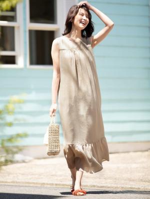 マタニティ ワンピース|ワッシャーガーゼ裾ティアードワンピース マタニティ・授乳服【出産後も長く使える】|ベージュ