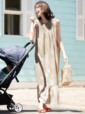 マタニティ ワンピース|ワッシャーガーゼ裾ティアードワンピース マタニティ・授乳服【出産後も長く使える】|ベージュ