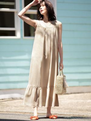 マタニティ ワンピース|ワッシャーガーゼ裾ティアードワンピース マタニティ・授乳服【出産後も長く使える】|ベージュ