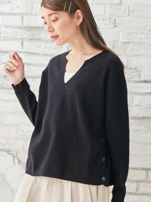 マタニティ トップス|サイドボタンキーネックニット マタニティ・授乳服【出産後も長く使える】|ブラック