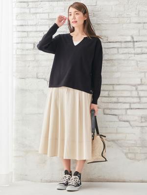 マタニティ トップス|サイドボタンキーネックニット マタニティ・授乳服【出産後も長く使える】|ブラック