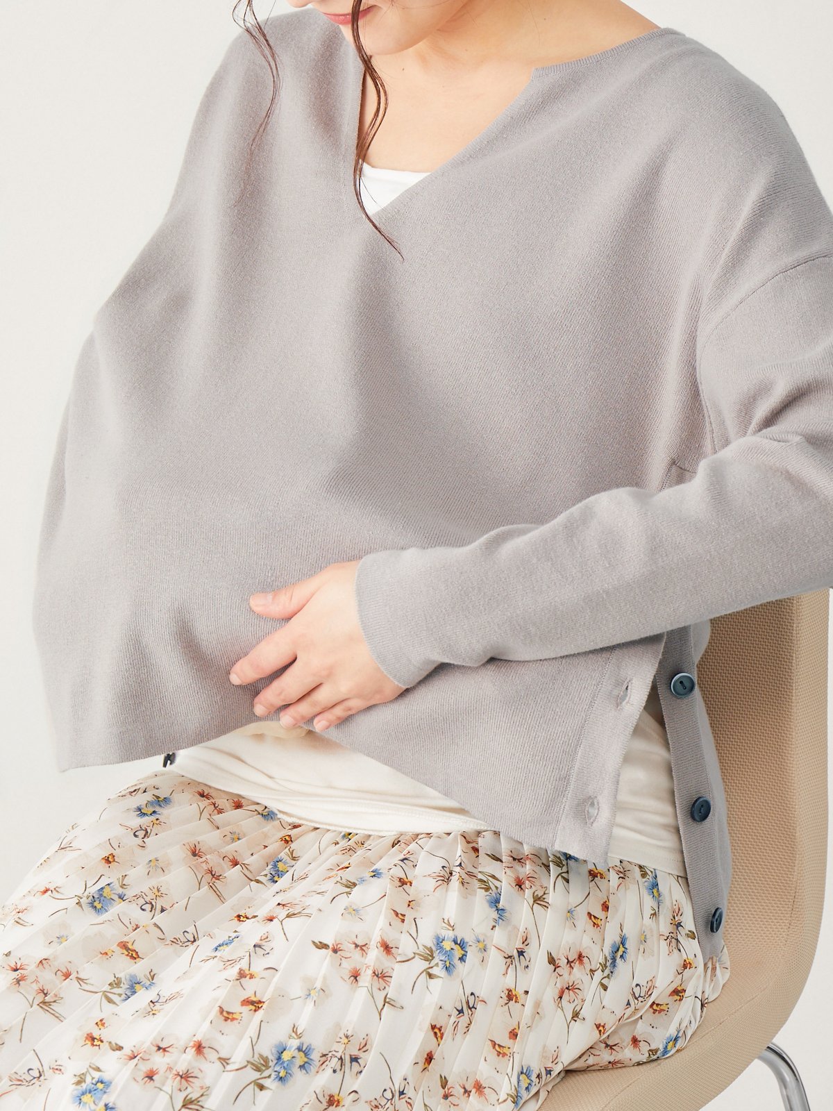サイドボタンキーネックニット マタニティ・授乳服【出産後も
