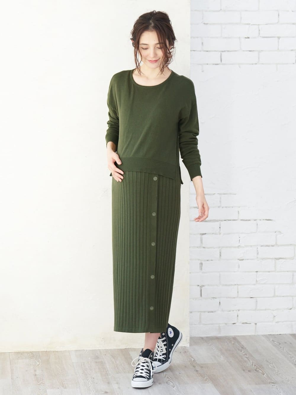 マタニティ ワンピース|レイヤード風ニットワンピース　マタニティ・授乳服【出産後も長く使える】|カーキ