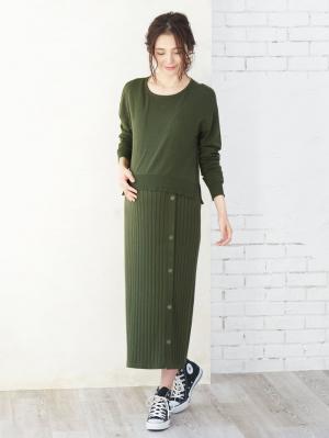 マタニティ ワンピース|レイヤード風ニットワンピース　マタニティ・授乳服【出産後も長く使える】|カーキ