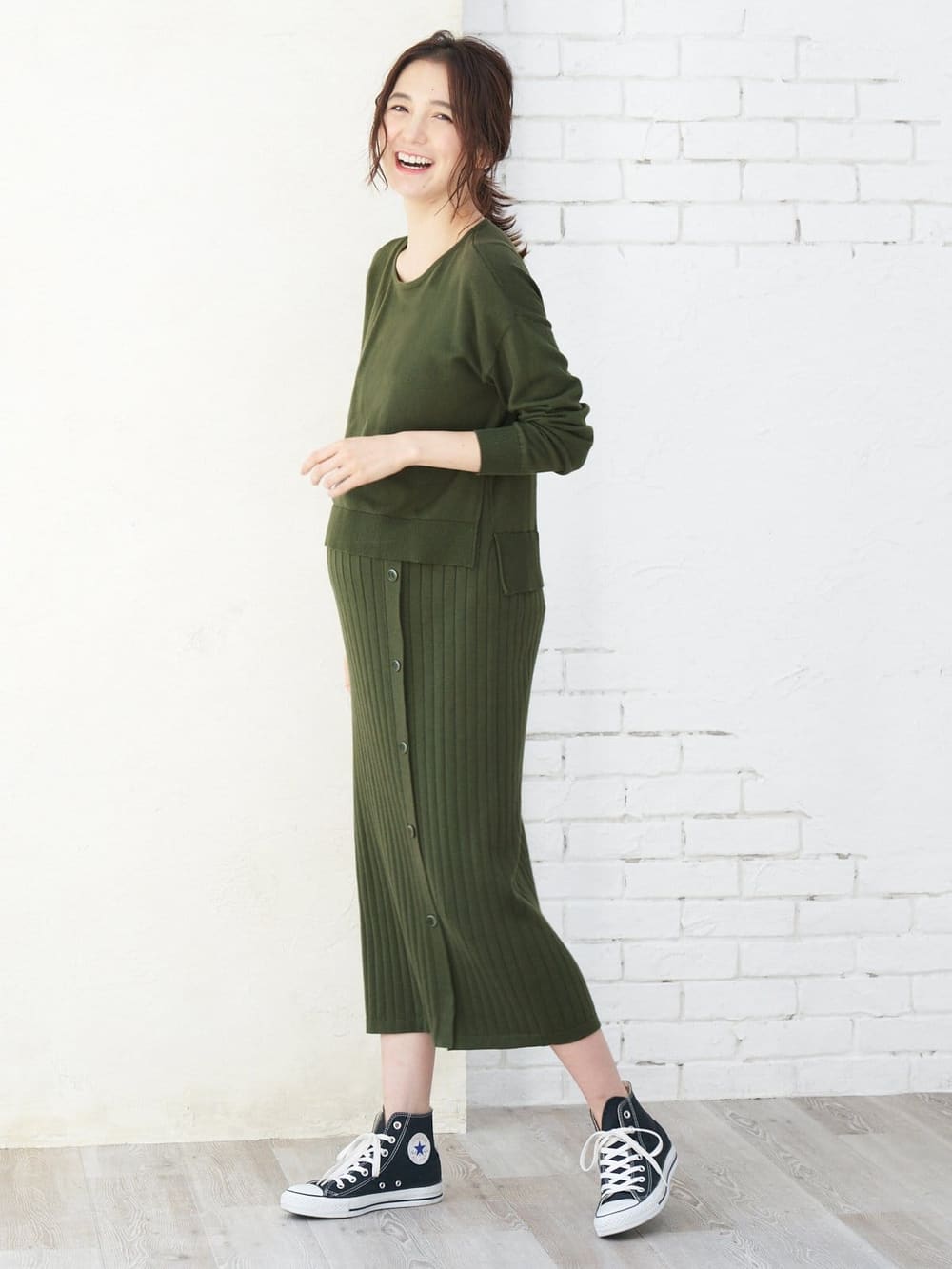 マタニティ ワンピース|レイヤード風ニットワンピース　マタニティ・授乳服【出産後も長く使える】|カーキ