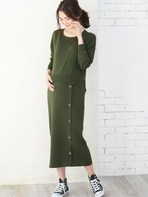 マタニティ ワンピース|レイヤード風ニットワンピース　マタニティ・授乳服【出産後も長く使える】|カーキ