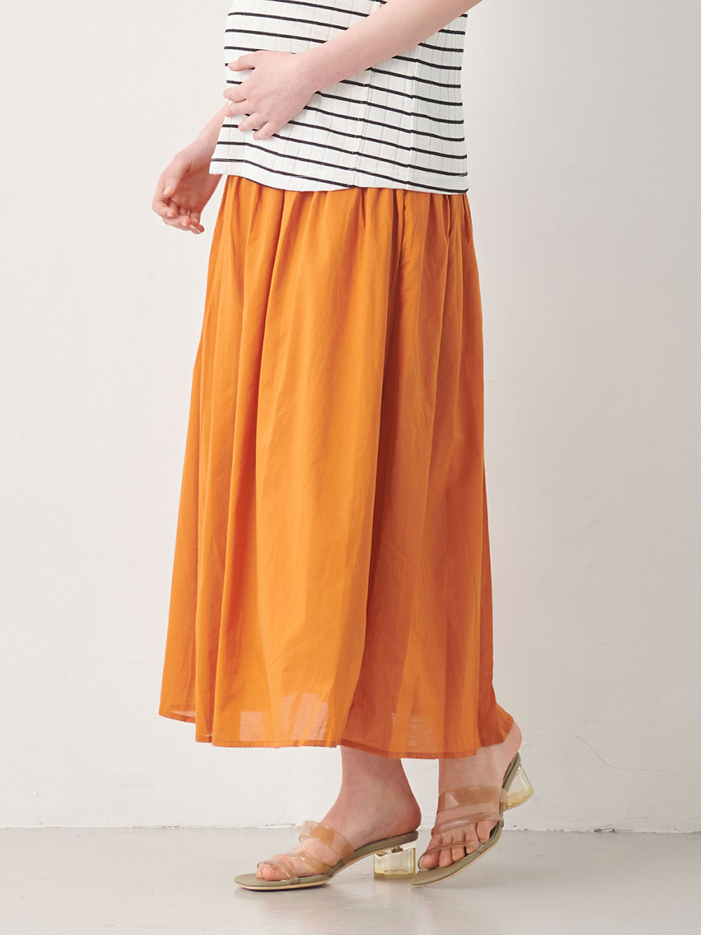 マタニティ スカート|【産前産後対応】コットンローンギャザースカート【出産後も長く使える】|キャメル