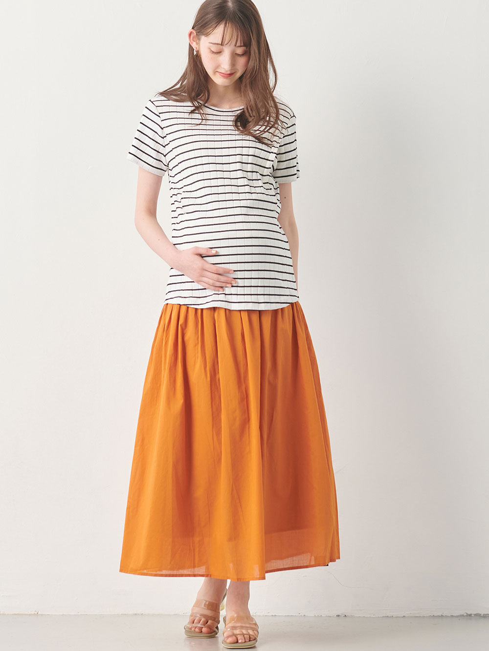 マタニティ スカート|【産前産後対応】コットンローンギャザースカート【出産後も長く使える】|キャメル