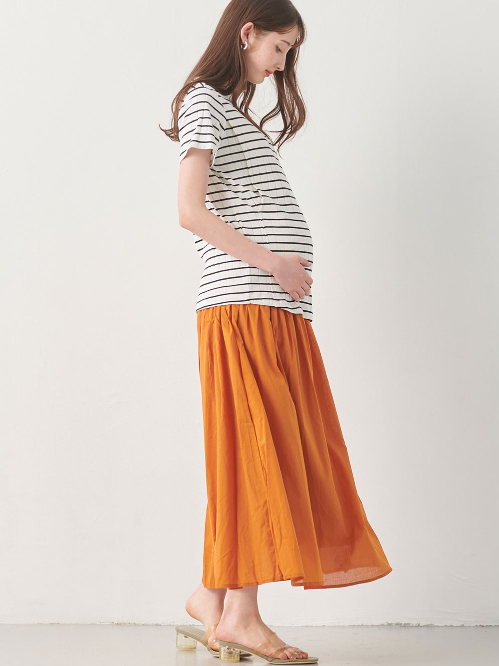 マタニティ スカート|【産前産後対応】コットンローンギャザースカート【出産後も長く使える】|キャメル