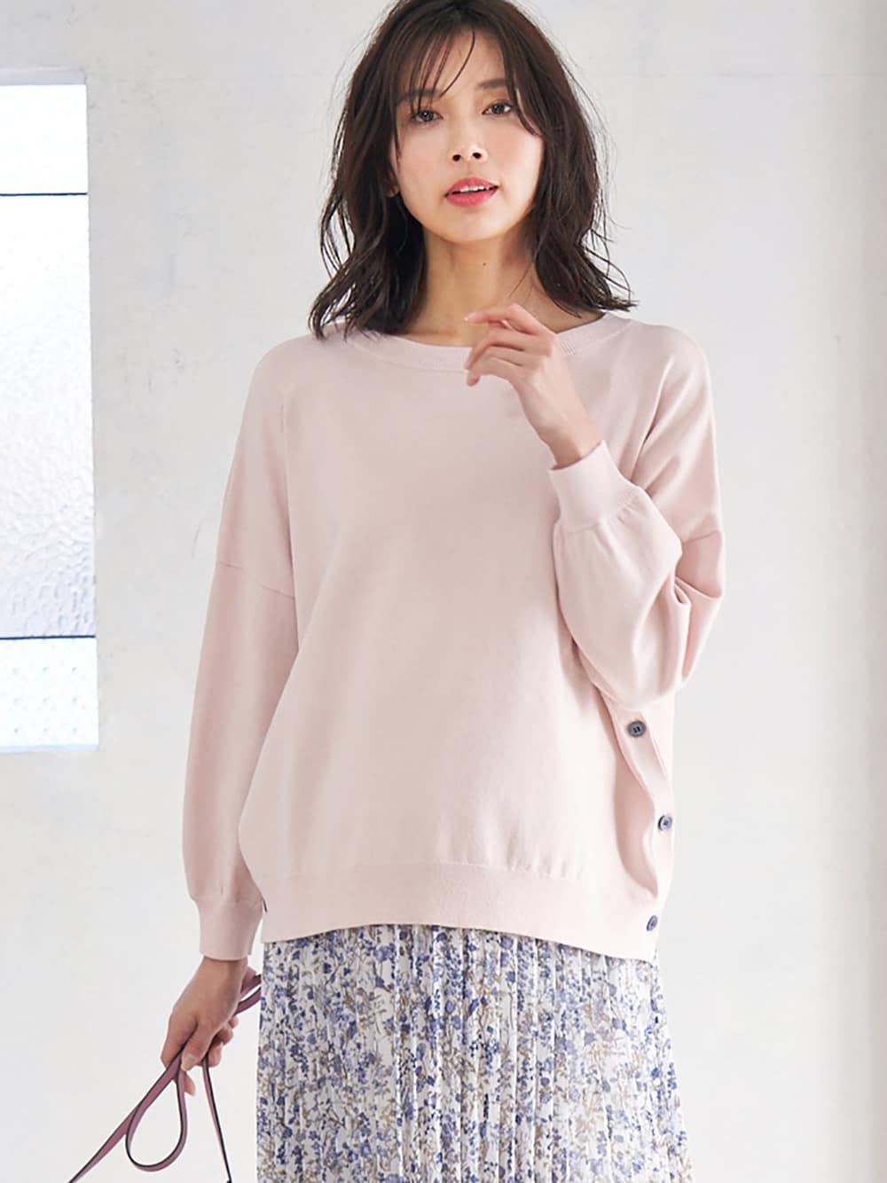 マタニティ トップス|サイドボタンニットトップス　マタニティ・授乳服【出産後も長く使える】|ライトピンク