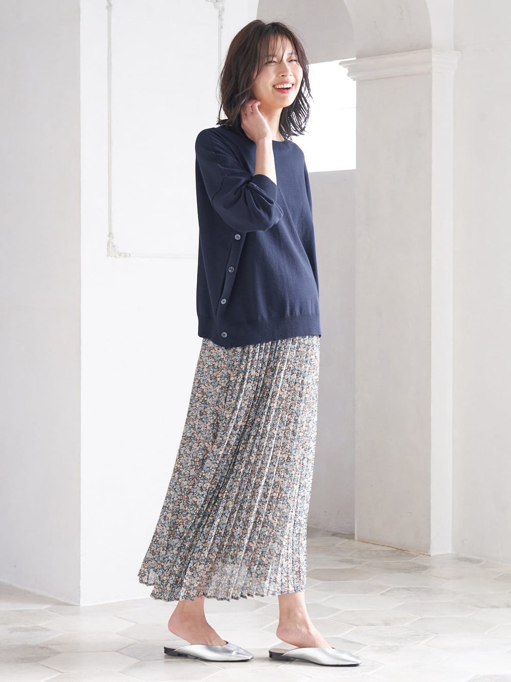 マタニティ トップス|サイドボタンニットトップス　マタニティ・授乳服【出産後も長く使える】|ネイビー