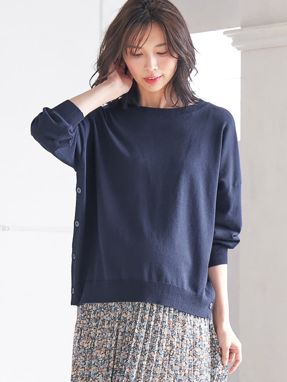 マタニティ トップス|サイドボタンニットトップス　マタニティ・授乳服【出産後も長く使える】|ネイビー