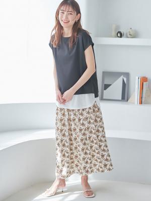 マタニティ スカート|【産前産後対応】フラワープリントギャザーロングスカート【出産後も長く使える】|アイボリー