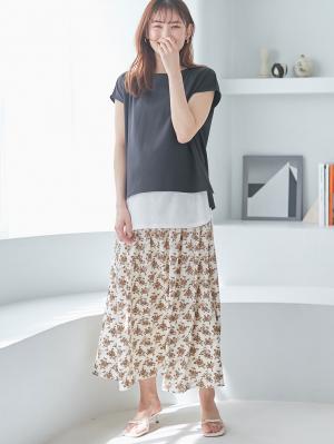 マタニティ スカート|【産前産後対応】フラワープリントギャザーロングスカート【出産後も長く使える】|アイボリー