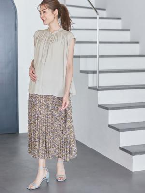 マタニティ スカート|【産前産後対応】花柄シフォンプリーツスカート【出産後も長く使える】|ブラウン