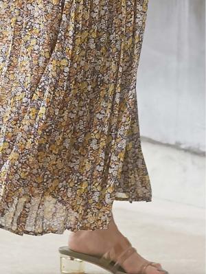 マタニティ スカート|【産前産後対応】花柄シフォンプリーツスカート【出産後も長く使える】|ブラウン