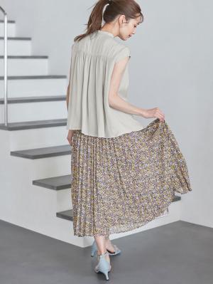 マタニティ スカート|【産前産後対応】花柄シフォンプリーツスカート【出産後も長く使える】|ブラウン